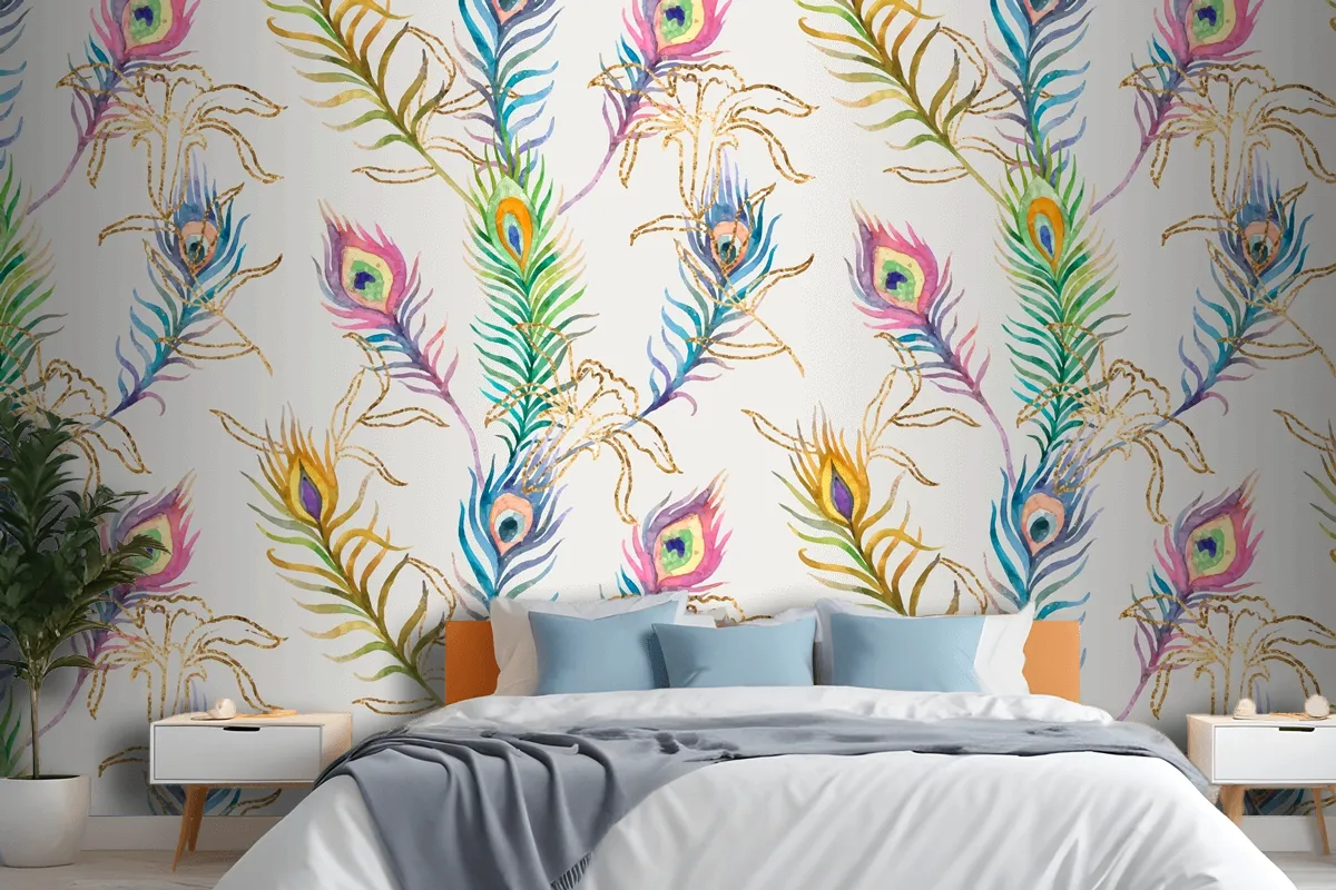 Background Of Peacock Feather Colorful Watercolor Pattern Wallpaper Mural