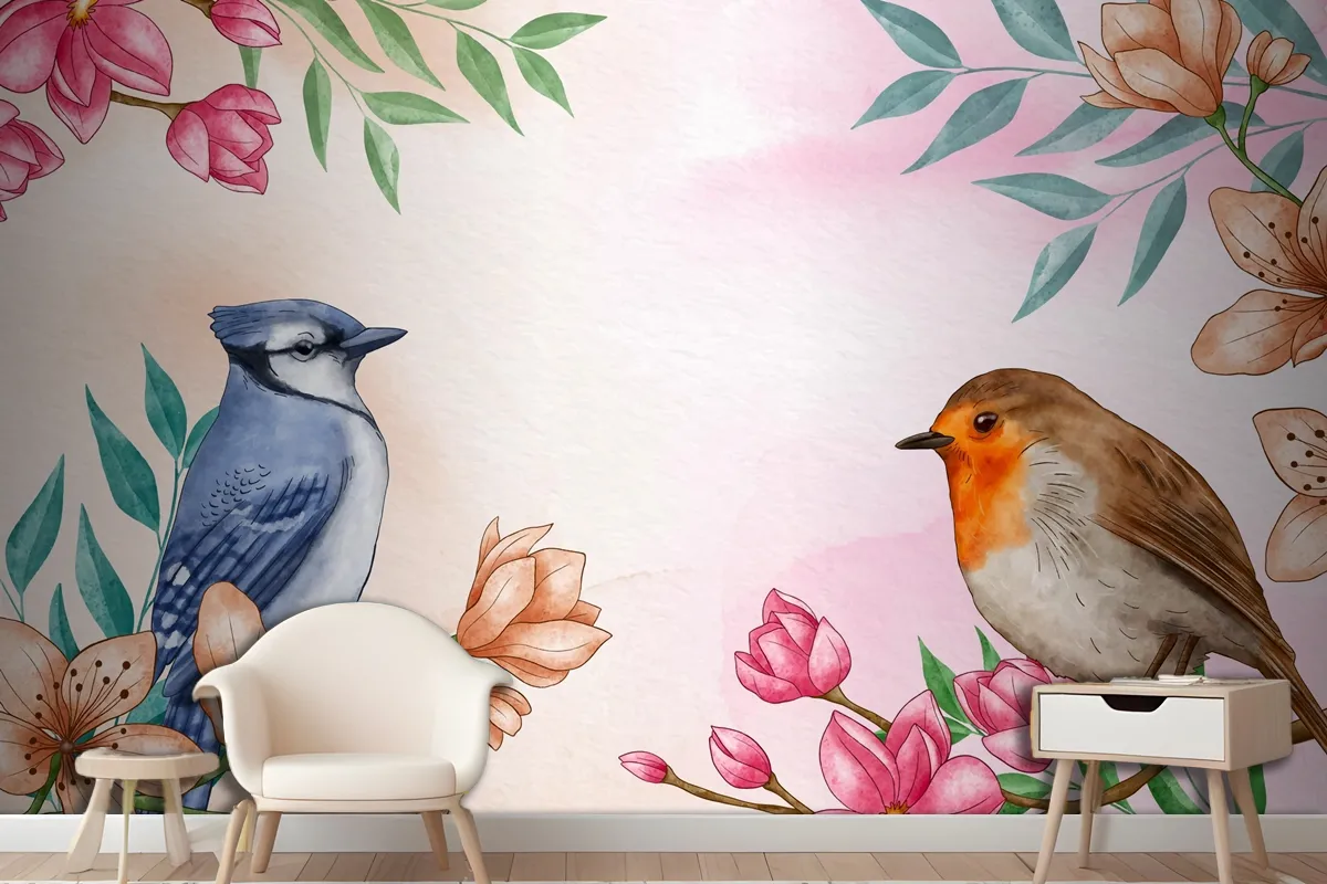 Hand Painted Watercolor Floral Birds Background Wallpaper Mural