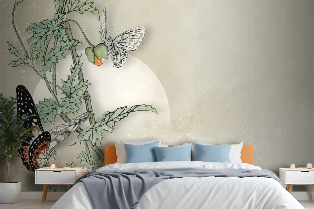 Leafy Butterfly Frame Design Wallpaper Mural