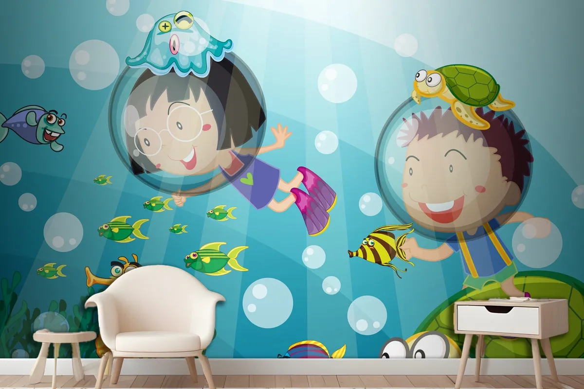 Underwater Scene With Happy Kids Scuba Diving Wallpaper Mural