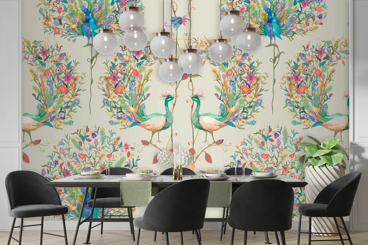 Pattern Background With Watercolor Peacock And Flower Wallpaper Mural