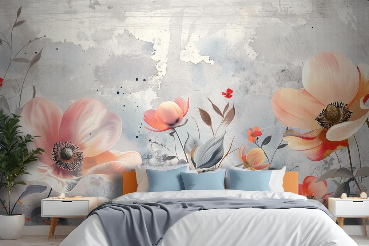 Watercolor Flowers Blue Wallpaper Mural