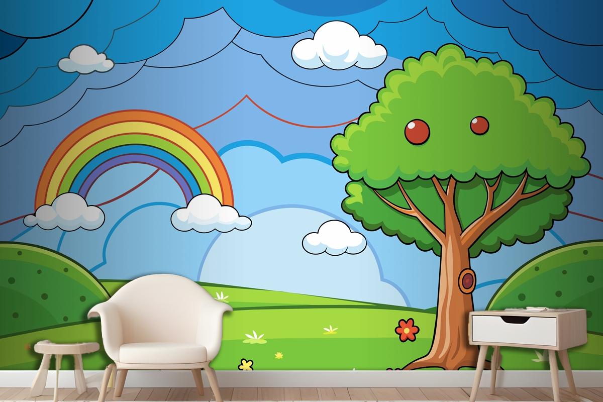 A Colorful Illustration Of A Rainbow With A Tree And A Rainbow In The Wallpaper Mural