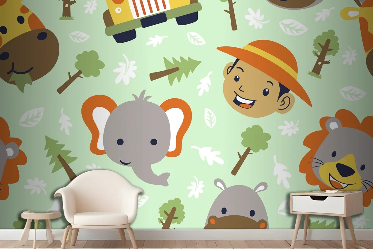 Funny Safari Animals Head Cartoon With Little Boy Head On Seamless Pattern Wallpaper Mural