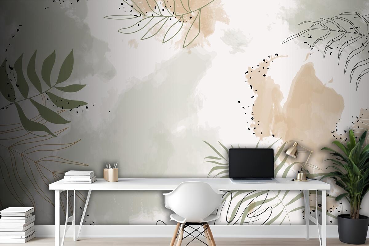 Beige Leafy Watercolor Background Wallpaper Mural