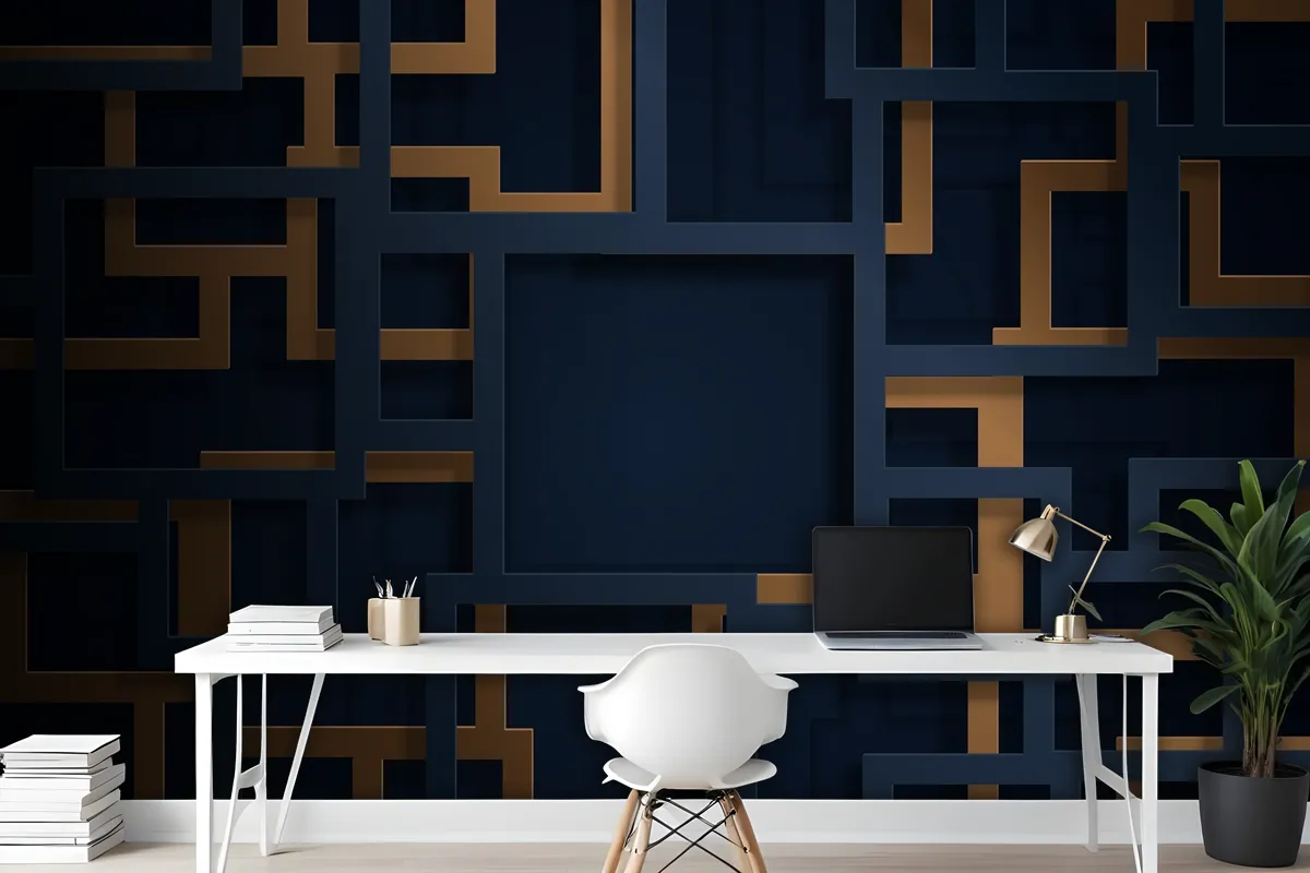 3D Blue And Gold Lines In Paper Cut Style Wallpaper Mural