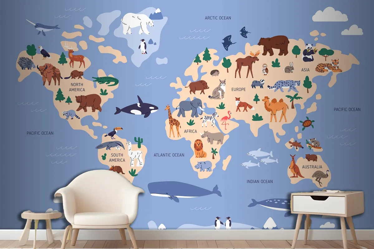 World Map With Animals In Water And On Earth Geography Wallpaper Mural