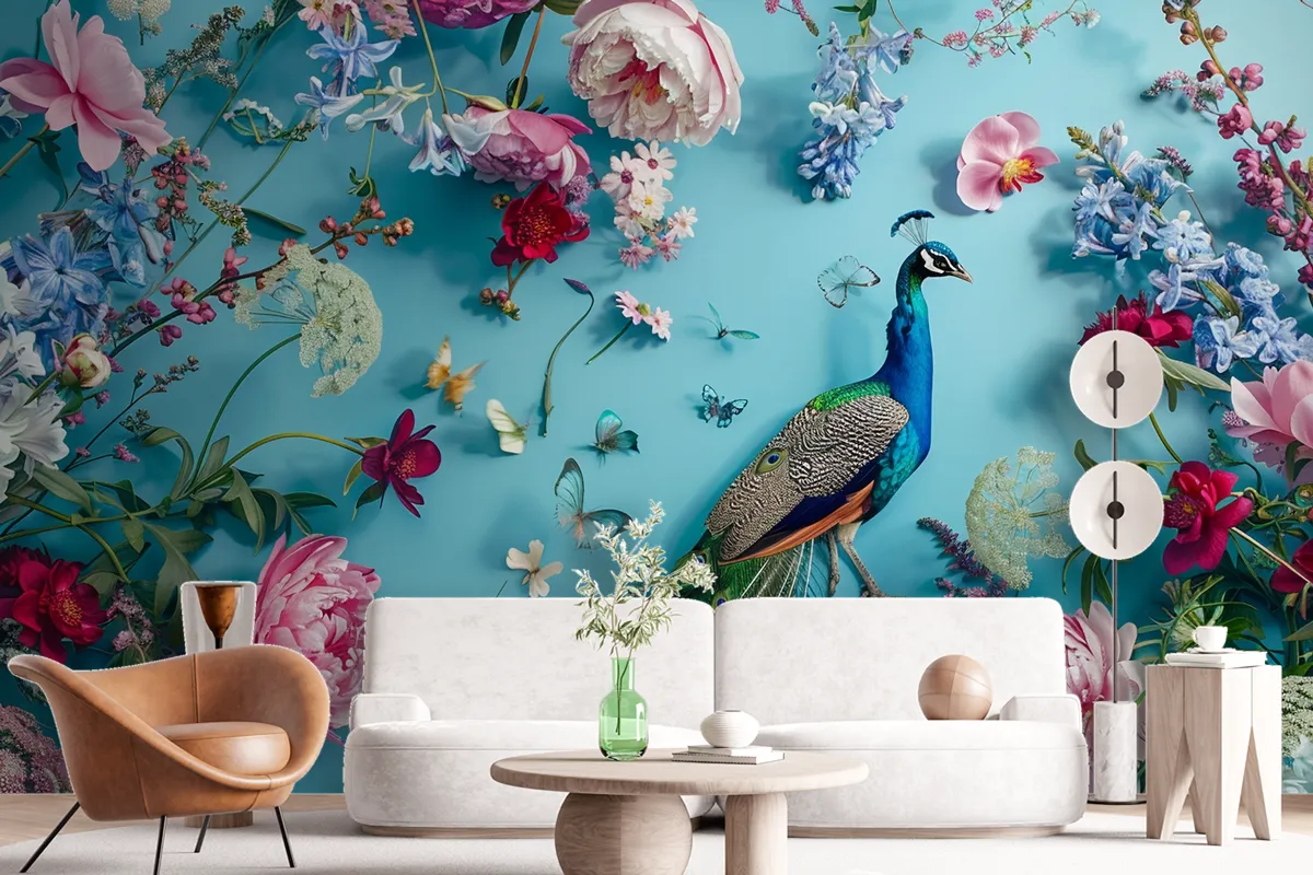 A Peacock Surrounded By Flowers And Butterflies Wallpaper Mural