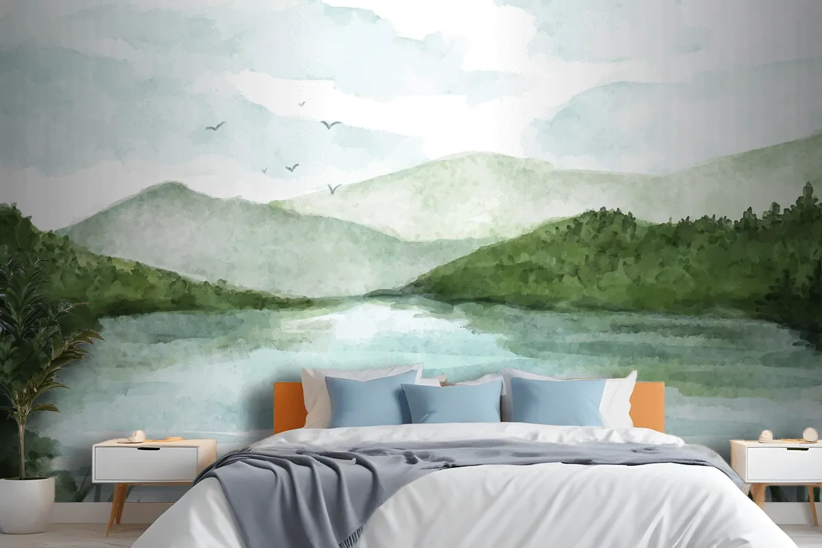 Watercolor Lake Scenery Wallpaper Mural