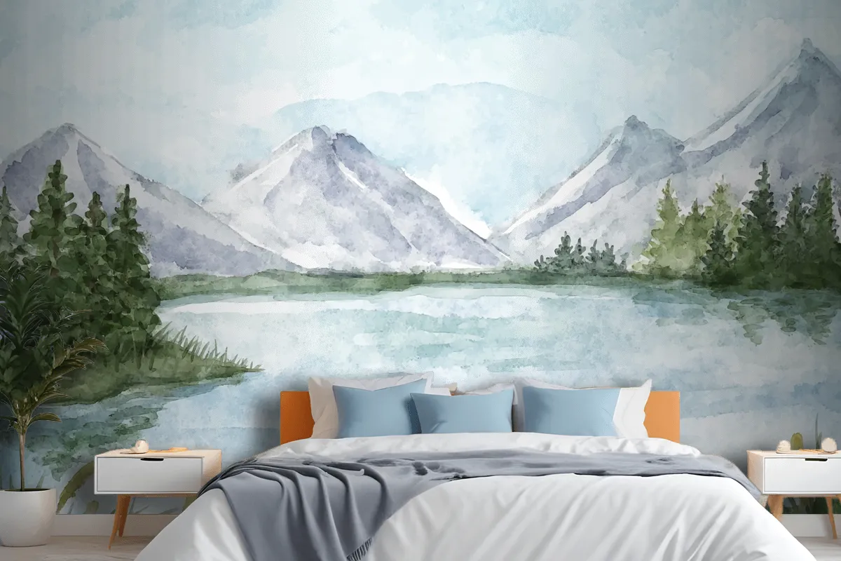 Watercolor Lake Scenery Wallpaper Mural