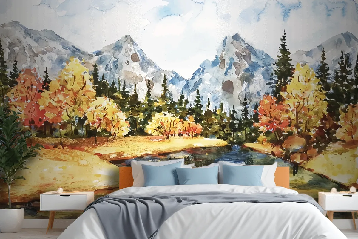 Watercolor Autumn Landscape Wallpaper Mural