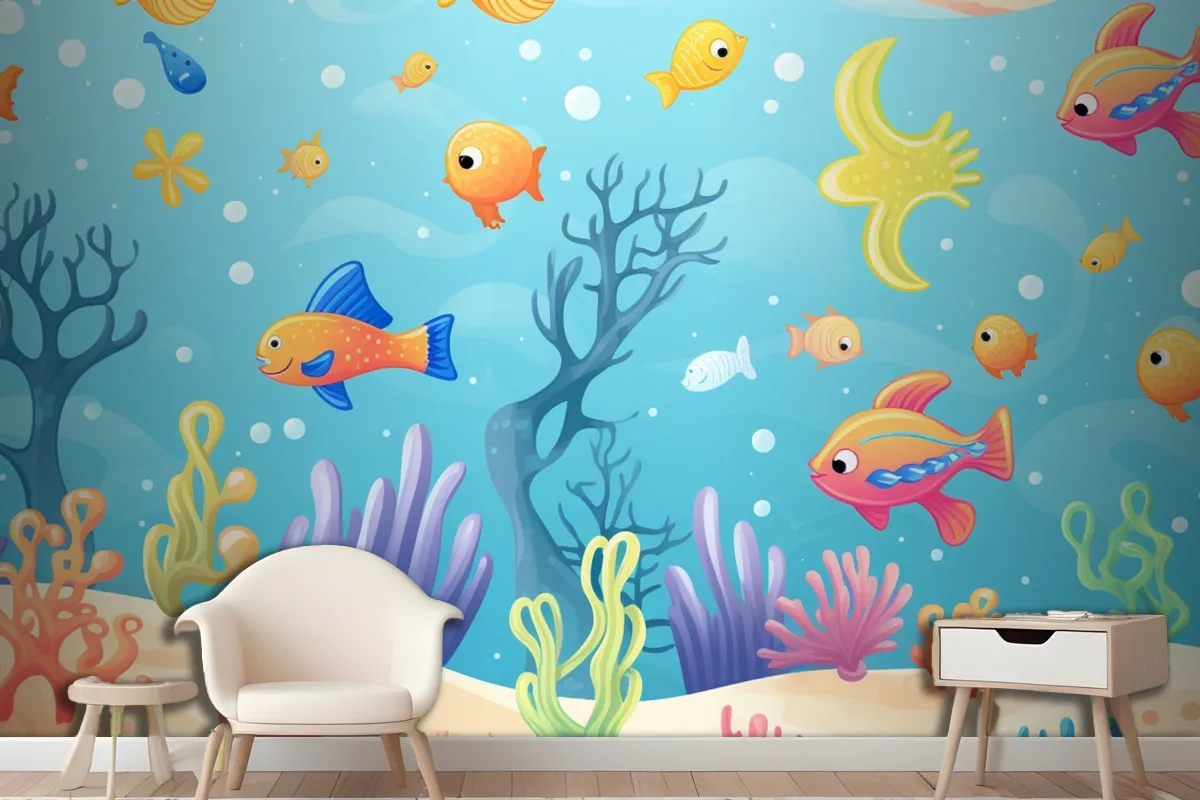 A Painting Of A Coral Reef With A Clown Fish And Coral Wallpaper Mural