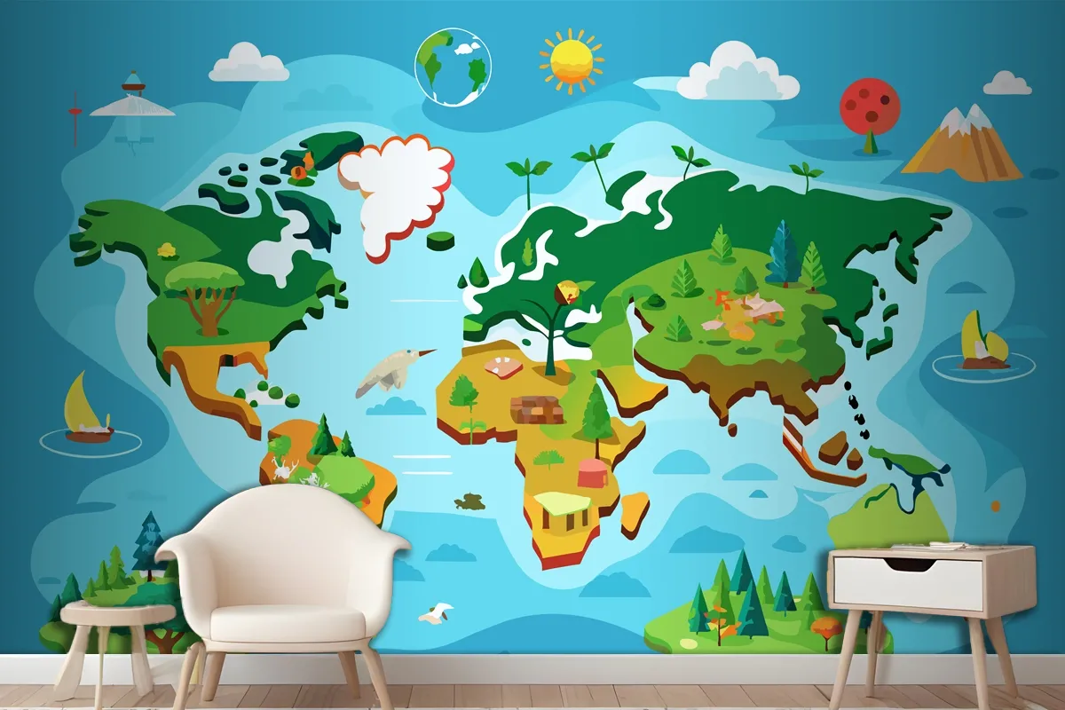 A Map Of The World With Different Types Of Trees Interactive World Map Wallpaper Mural