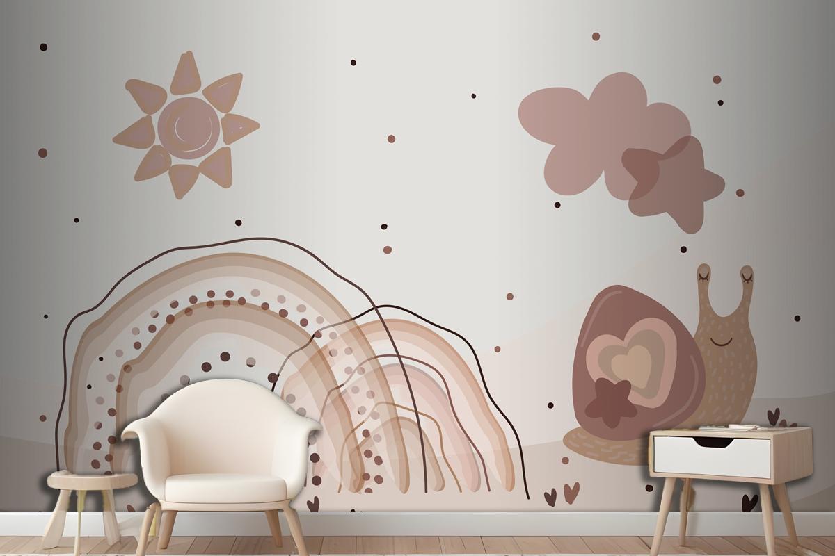 Watercolor Rainbow And Snails Beige Wallpaper Mural