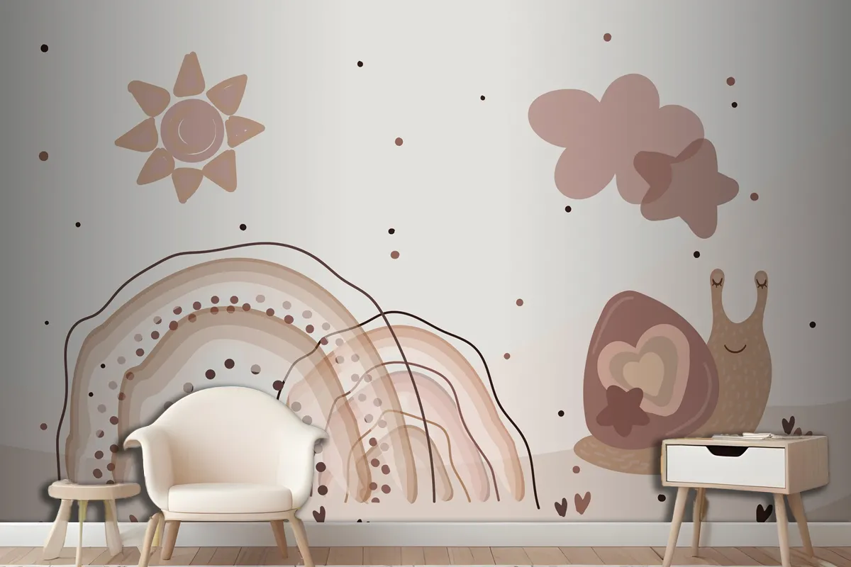 Watercolor Rainbow And Snails Beige Wallpaper Mural