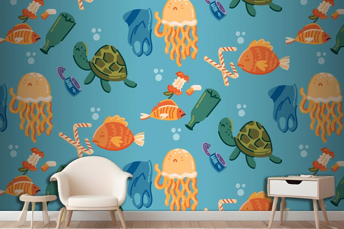 Hand Drawn Save The Oceans Pattern Wallpaper Mural