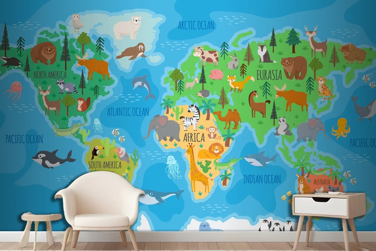 Cartoon World Map For Kids Nursery With Forest Animals Wallpaper Mural