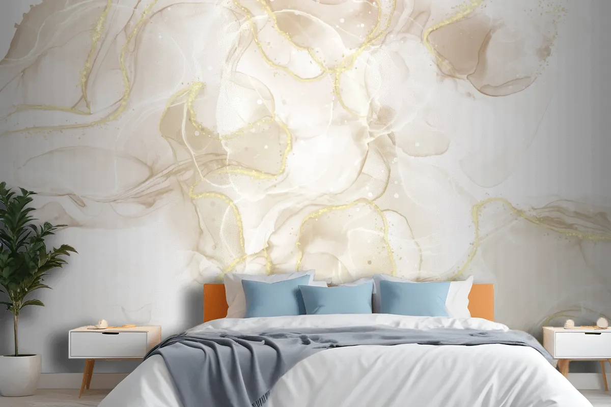 Fluid Art Hand Painted Background With Gold Glitter Elements Wallpaper Mural