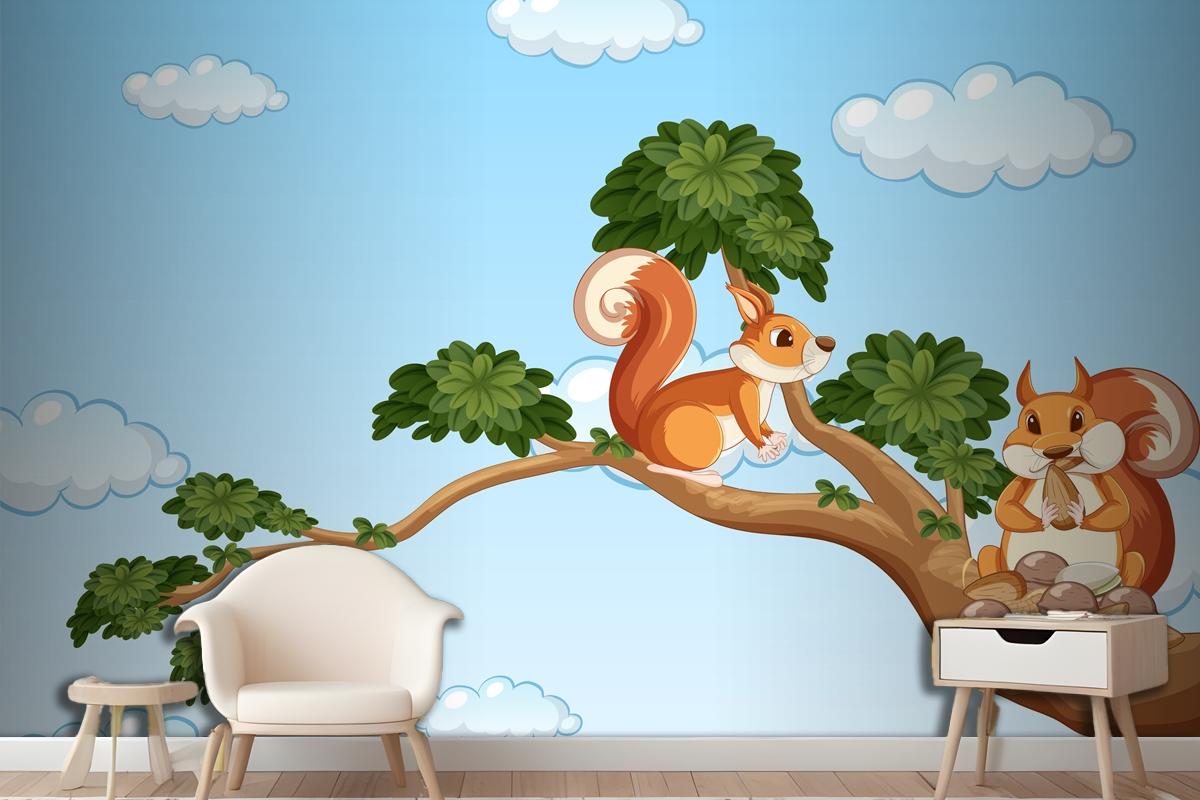 Two Squirrels On The Branch Wallpaper Mural