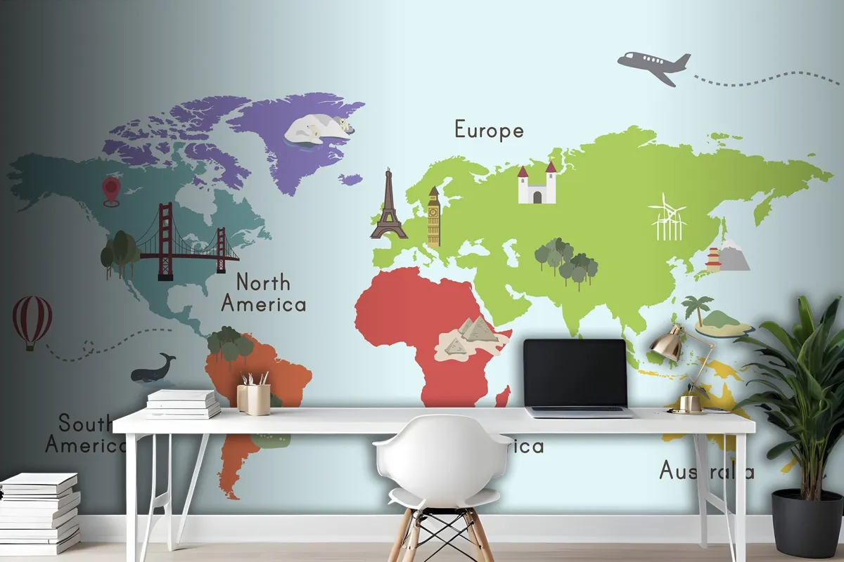 World Continent Map Location Graphic Wallpaper Mural