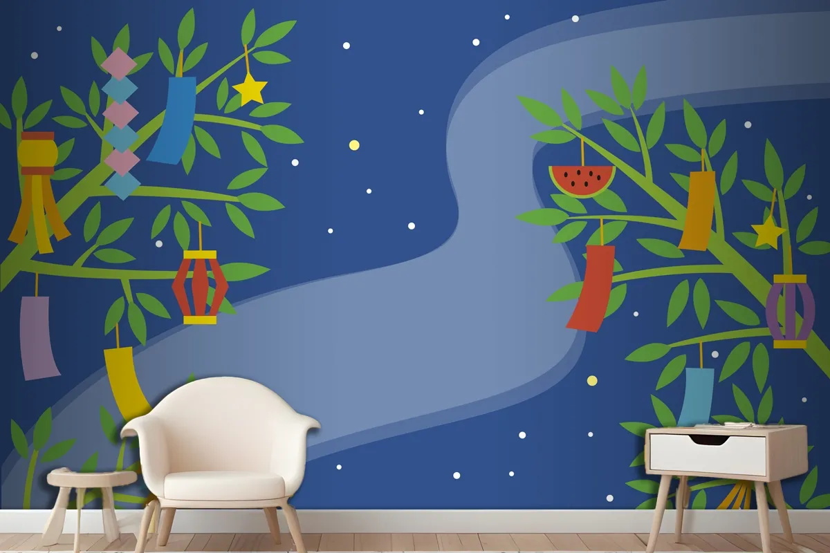 Flat Tanabata Background With Ornaments In Branches Wallpaper Mural