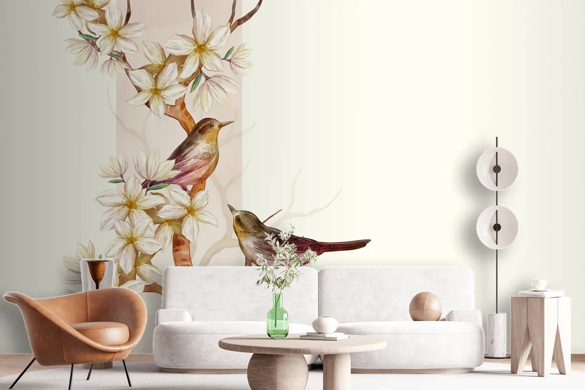 Asian Flower Watercolor With Birds Wallpaper Mural