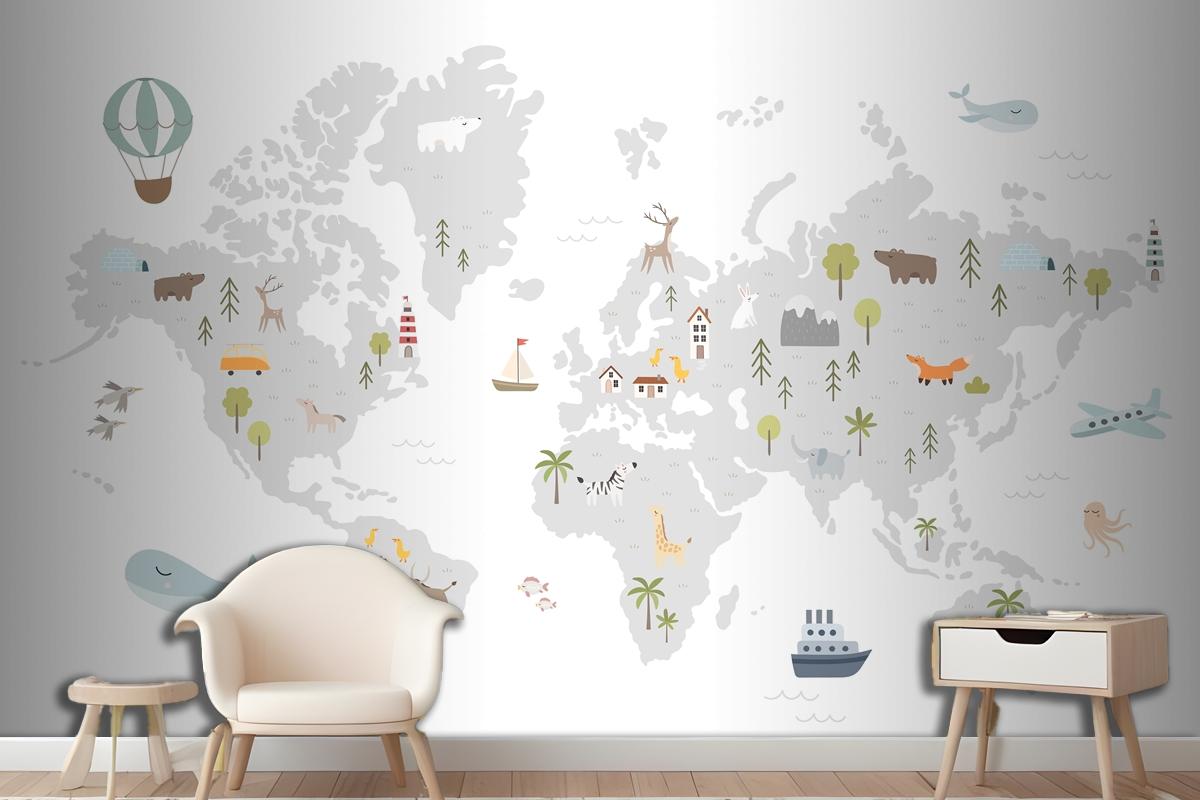 World Map With Animals Houses Nature Elements Wallpaper Mural