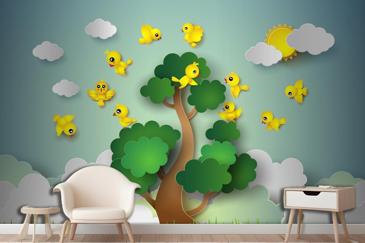 Bird Flying Around A Tree Wallpaper Mural