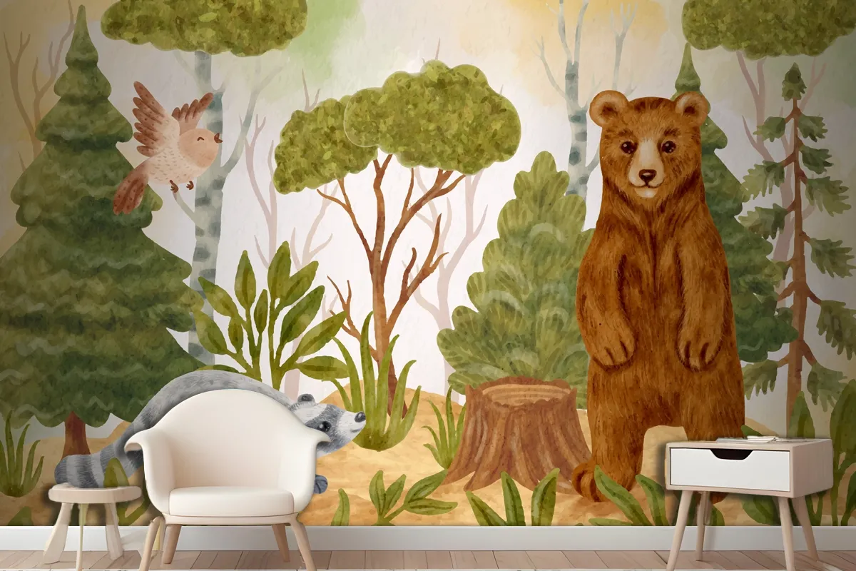 Watercolor Forest Animals Background Wallpaper Mural