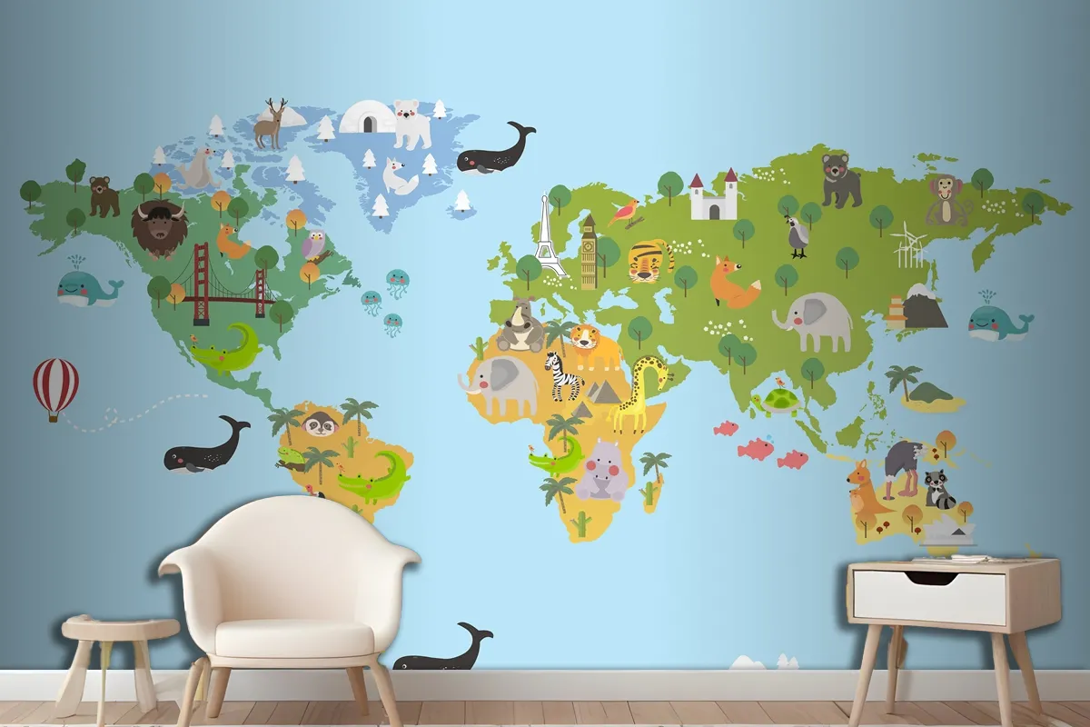 Animal World Map Wallpaper Mural