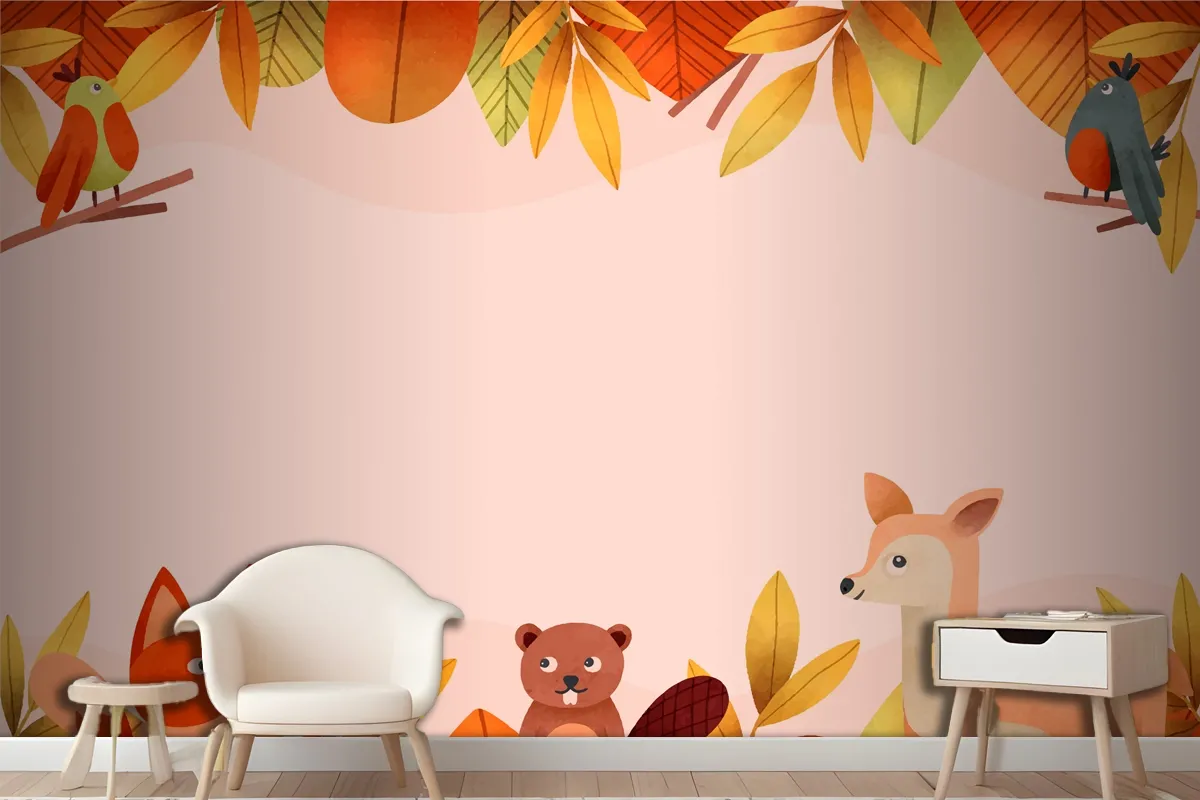 Watercolor Forest Animal And Leaves Wallpaper Mural