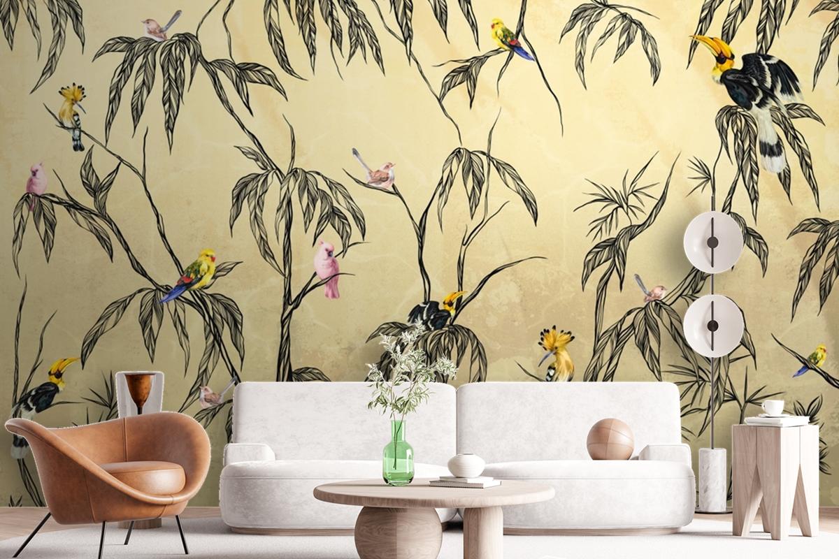 Bird In The Tropics On A Textured Beige Wallpaper Mural