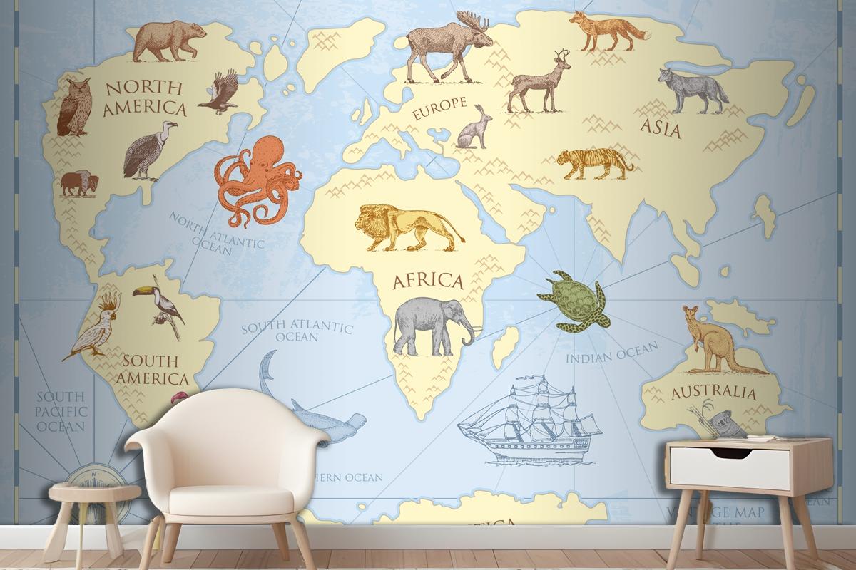 Vintage World Map With Wild Animals Wallpaper Mural