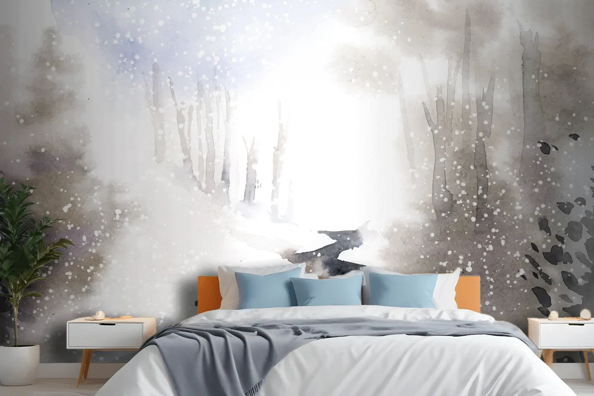 Winter Wonderland Landscape Painted By Watercolor Wallpaper Mural