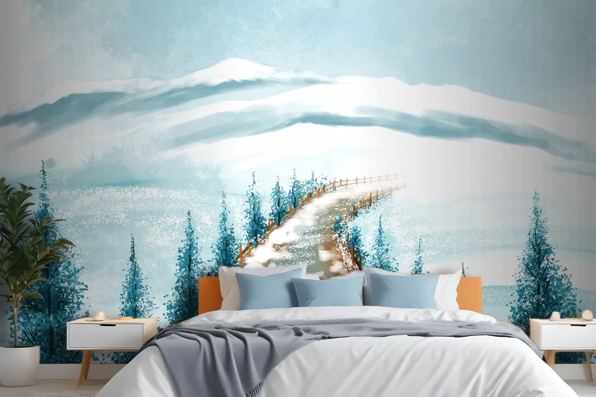 Winter Landscape With Snowy Christmas Tree Card Wallpaper Mural