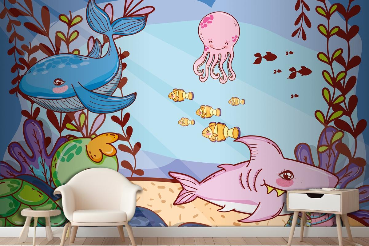 Cute Sea Animals With Seaweed Plants Wallpaper Mural