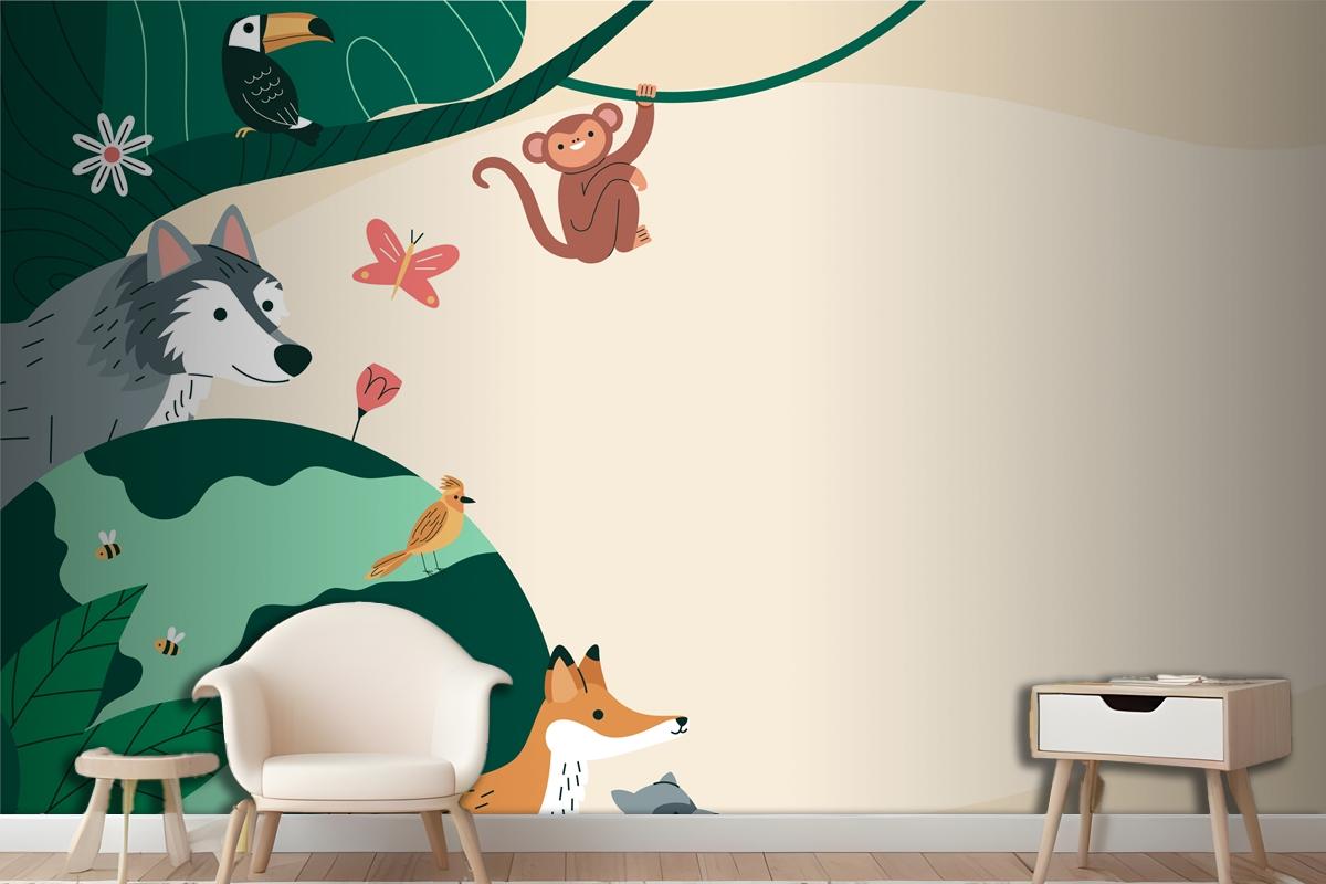 Flat Background For World Wildlife Day With Flora And Fauna Wallpaper Mural