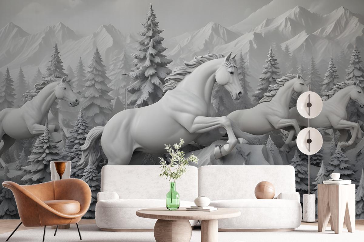 3D Embossed Look Cement Angel Horses Wallpaper Mural