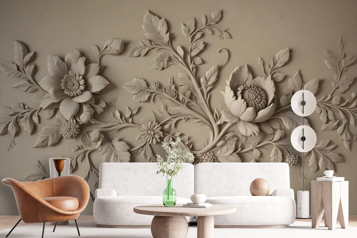 3D Embossed Look Cement Floral Tree Wallpaper Mural