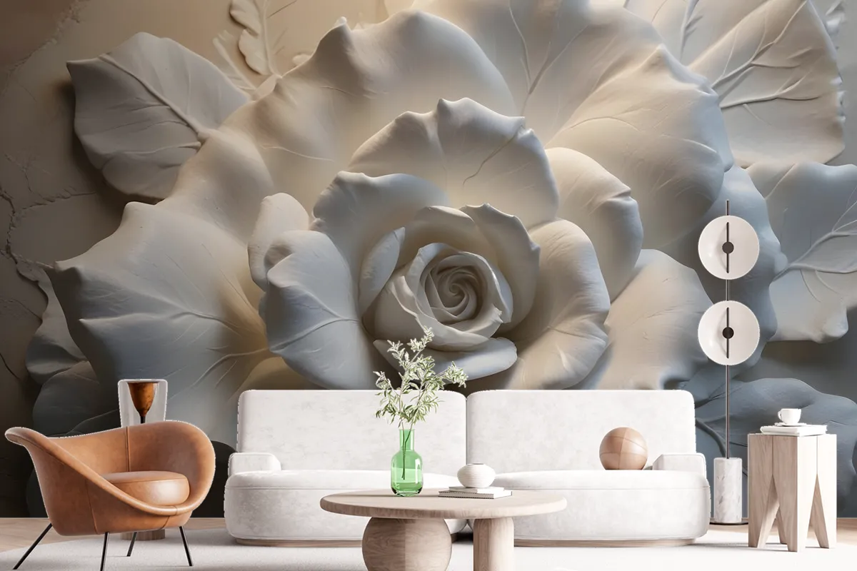 3D Embossed Look Cement Roses Wallpaper Mural