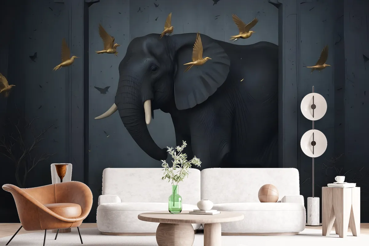 3D Embossed Look Dark Elephant And Birds Wallpaper Mural