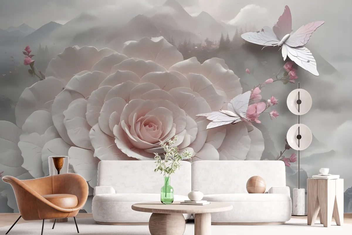 3D Embossed Look Flowers And Butterfly Wallpaper Mural