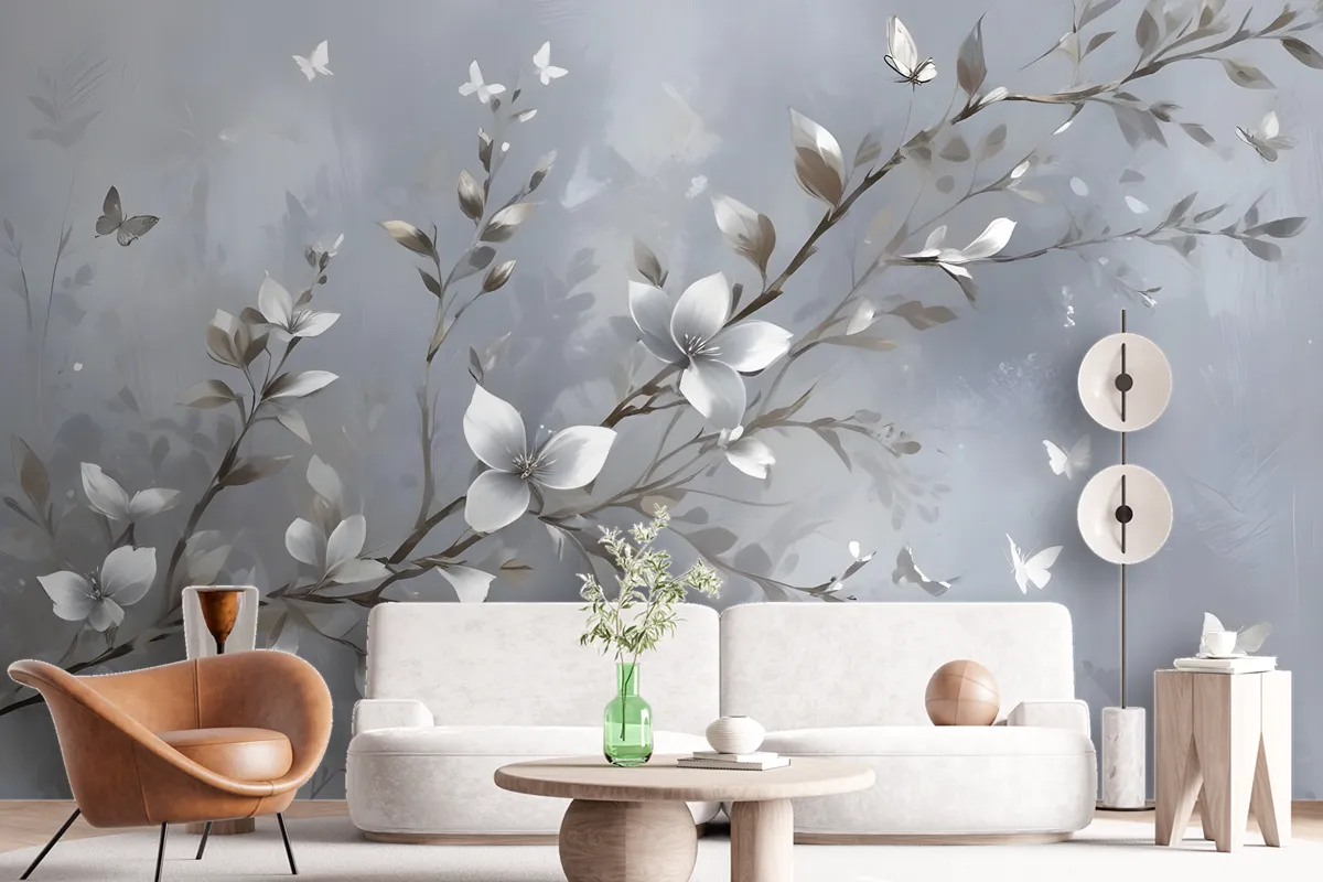 3D Embossed Look Magnolia Blossom And Butterfly Wallpaper Mural