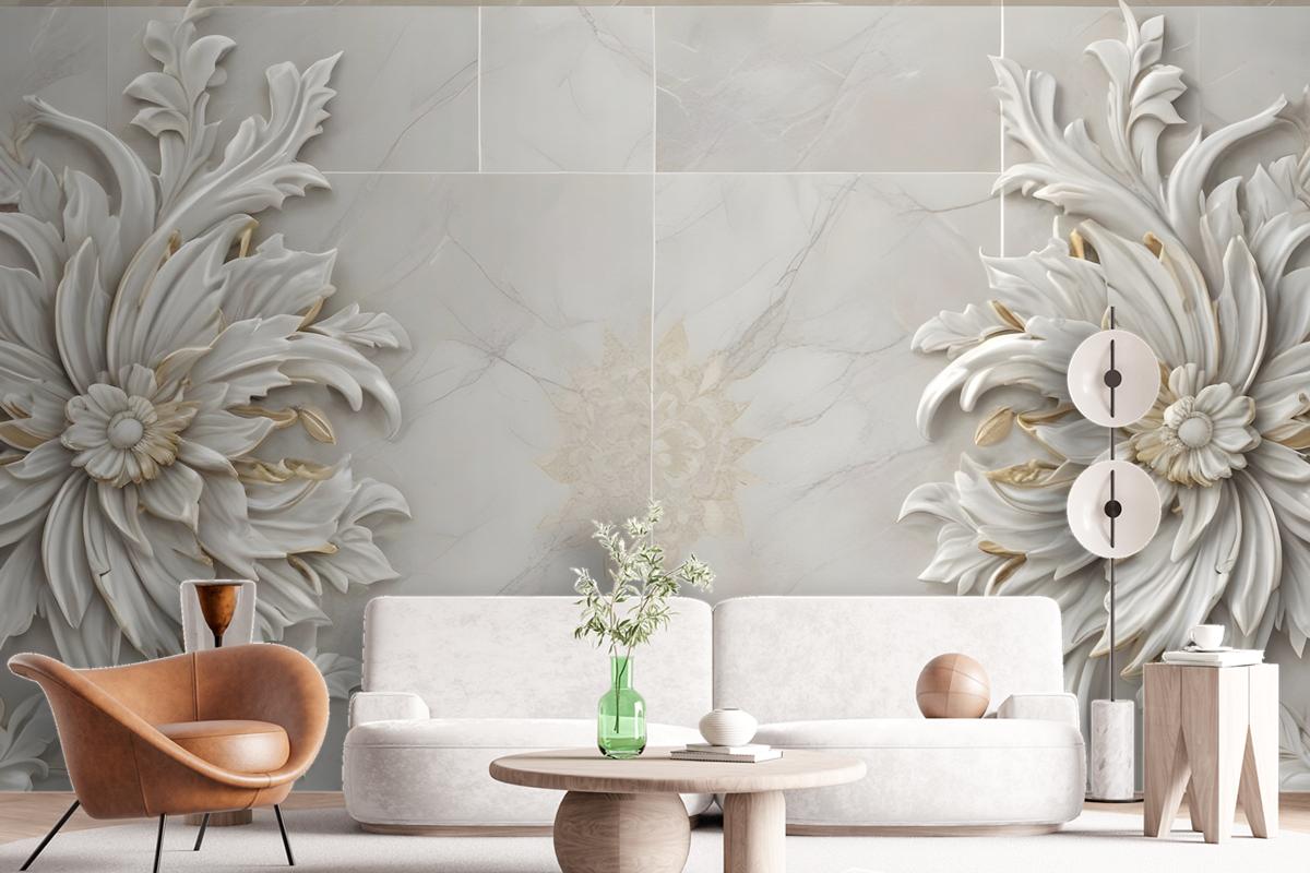 3D Embossed Look Marble Sunflower Wallpaper Mural