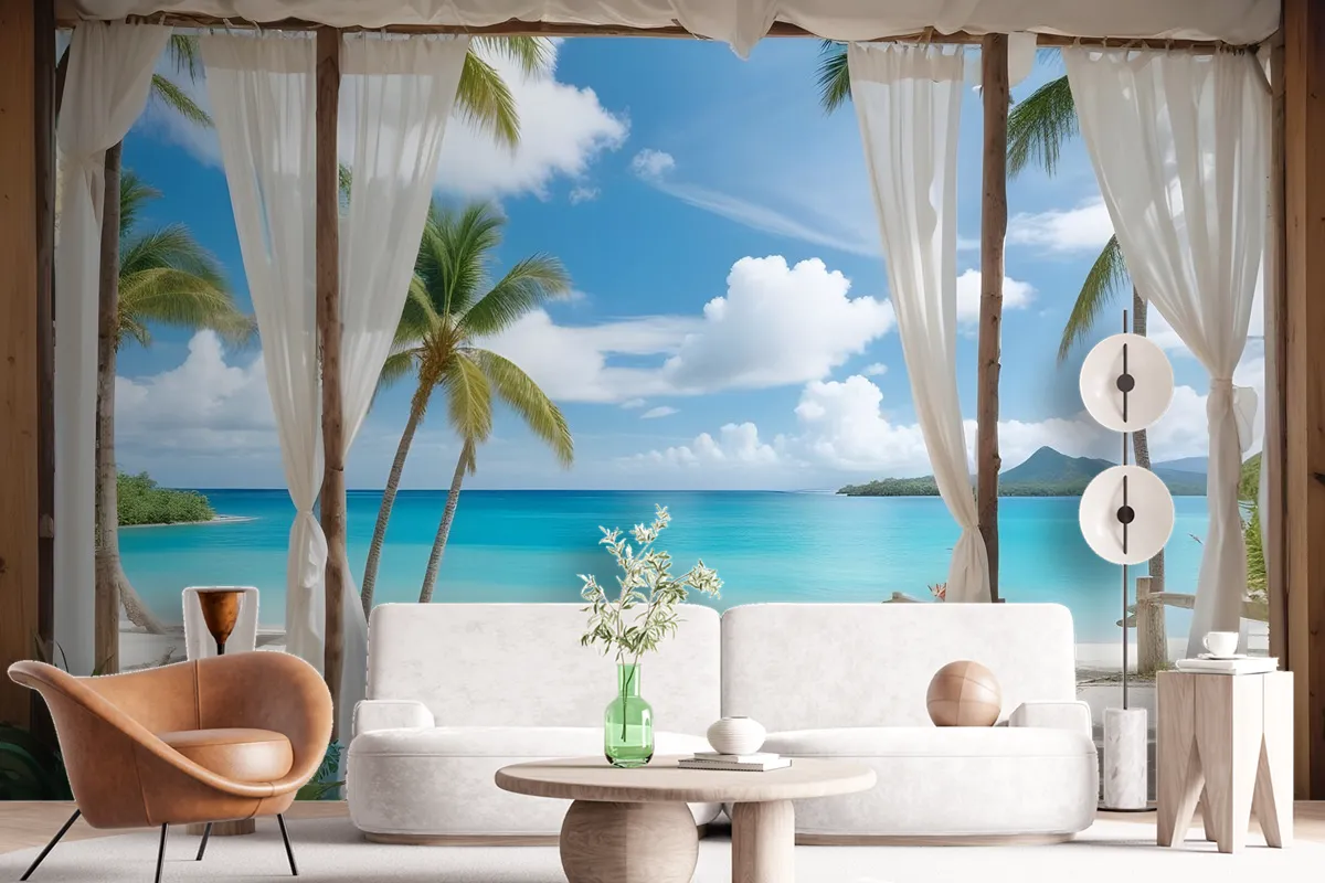 3D Look Blue Sea Landscape With Old Arches And Palm Trees Wallpaper Mural