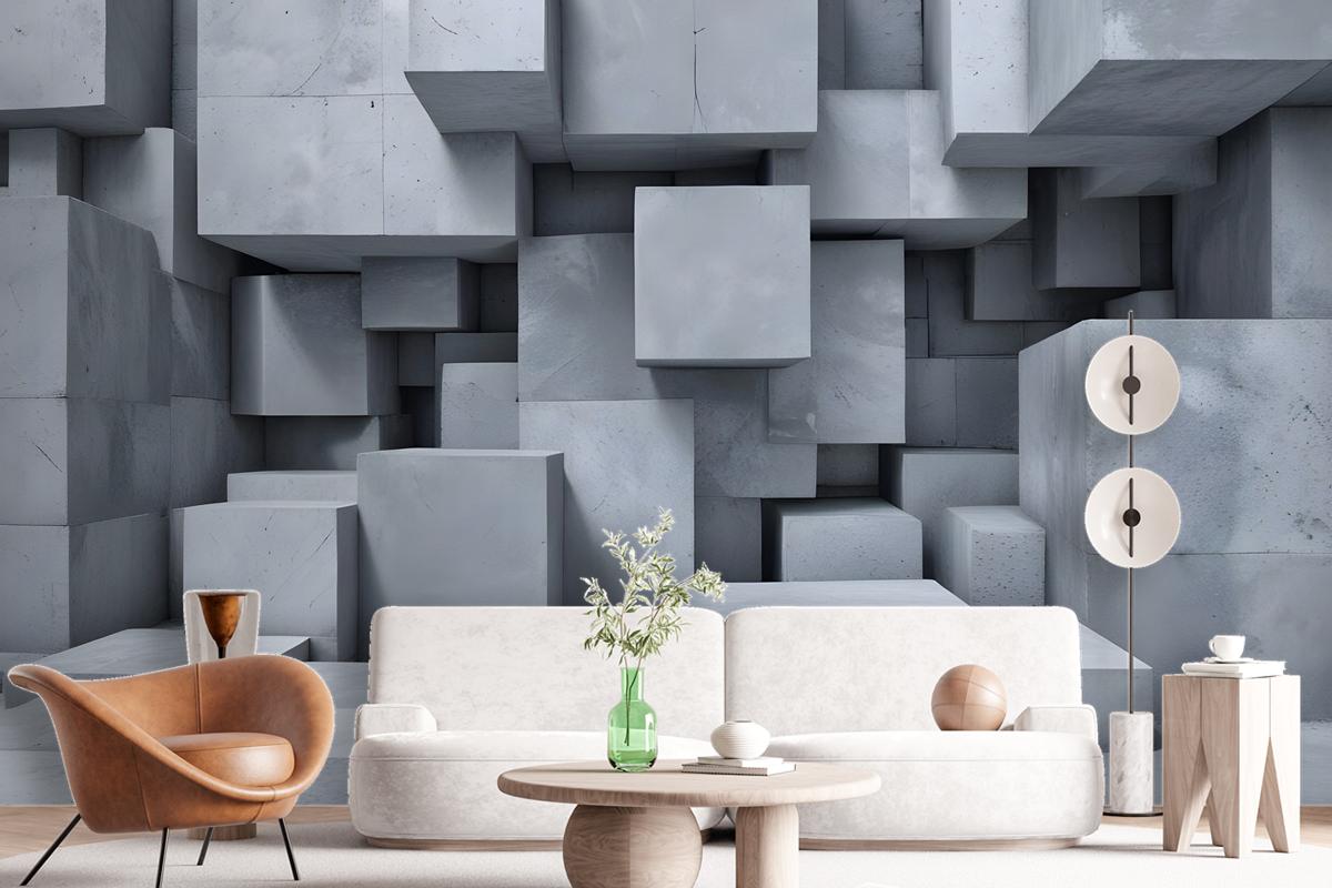 3D Look Concrete Style Gray Abstract Cubes Wallpaper Mural