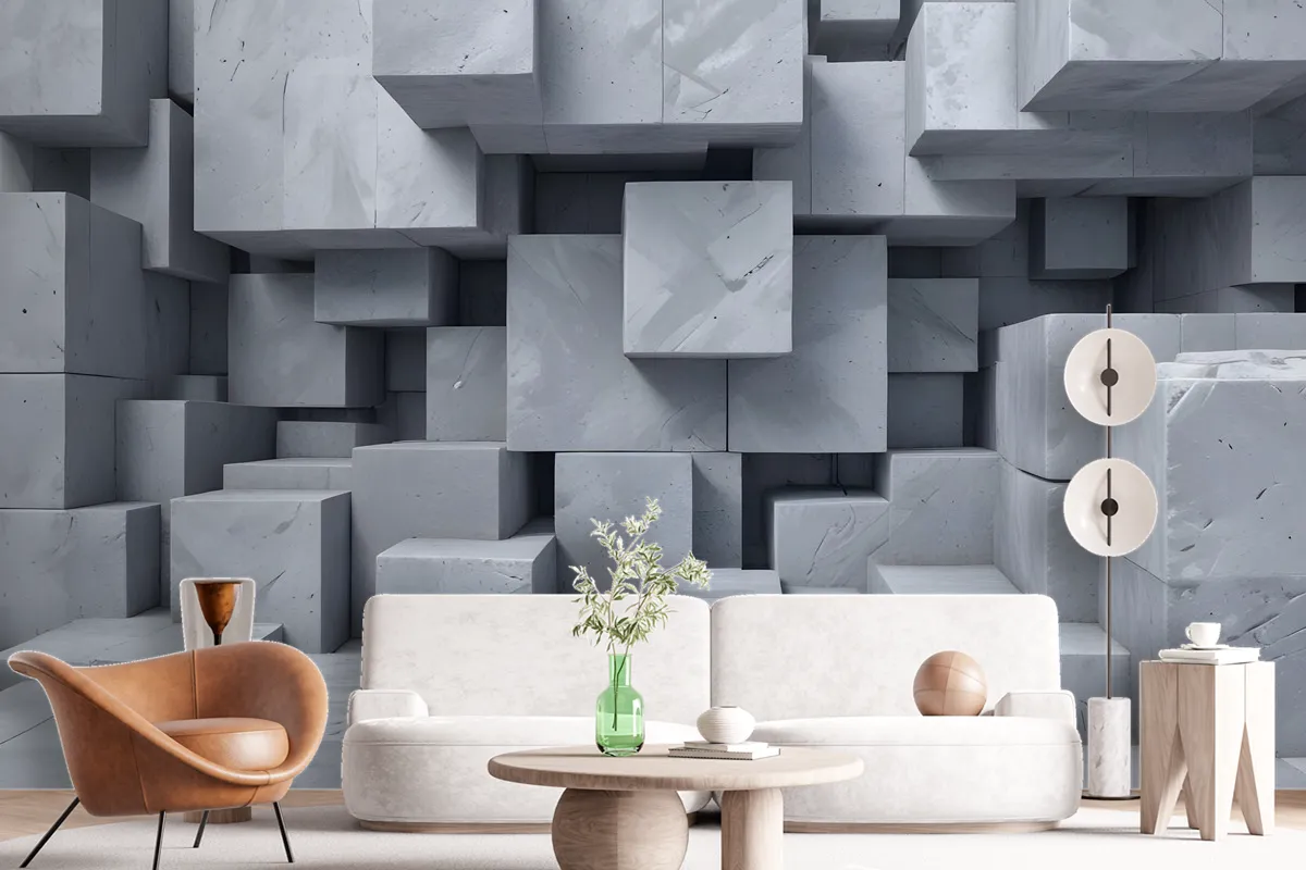 3D Look Concrete Style Gray Abstract Cubes Wallpaper Mural