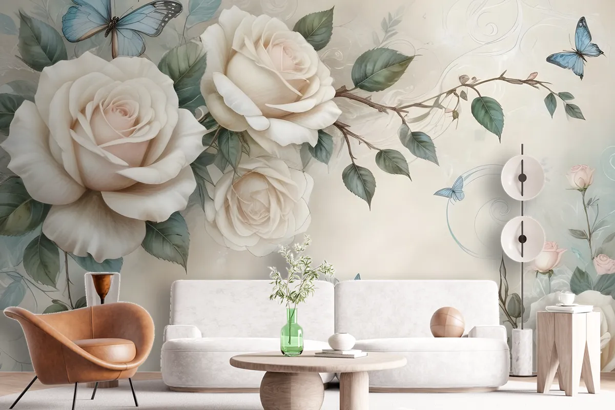 3D Look Cream Rose Floral Wallpaper Mural