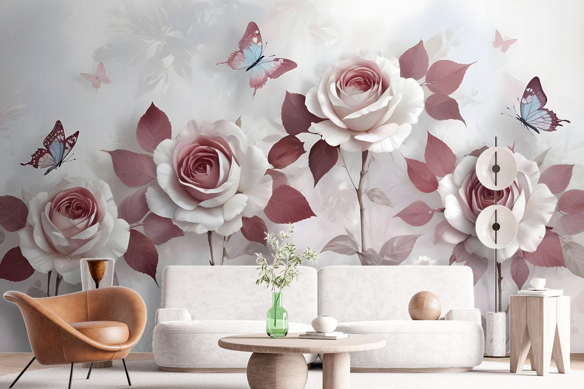 3D Look Floral With Little Butterfly Wallpaper Mural