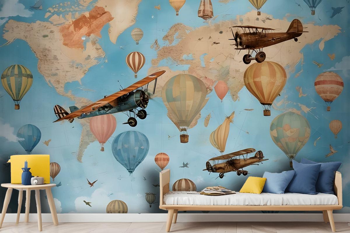 3D Look Kids World Map With Hot Air Balloon Wallpaper Mural